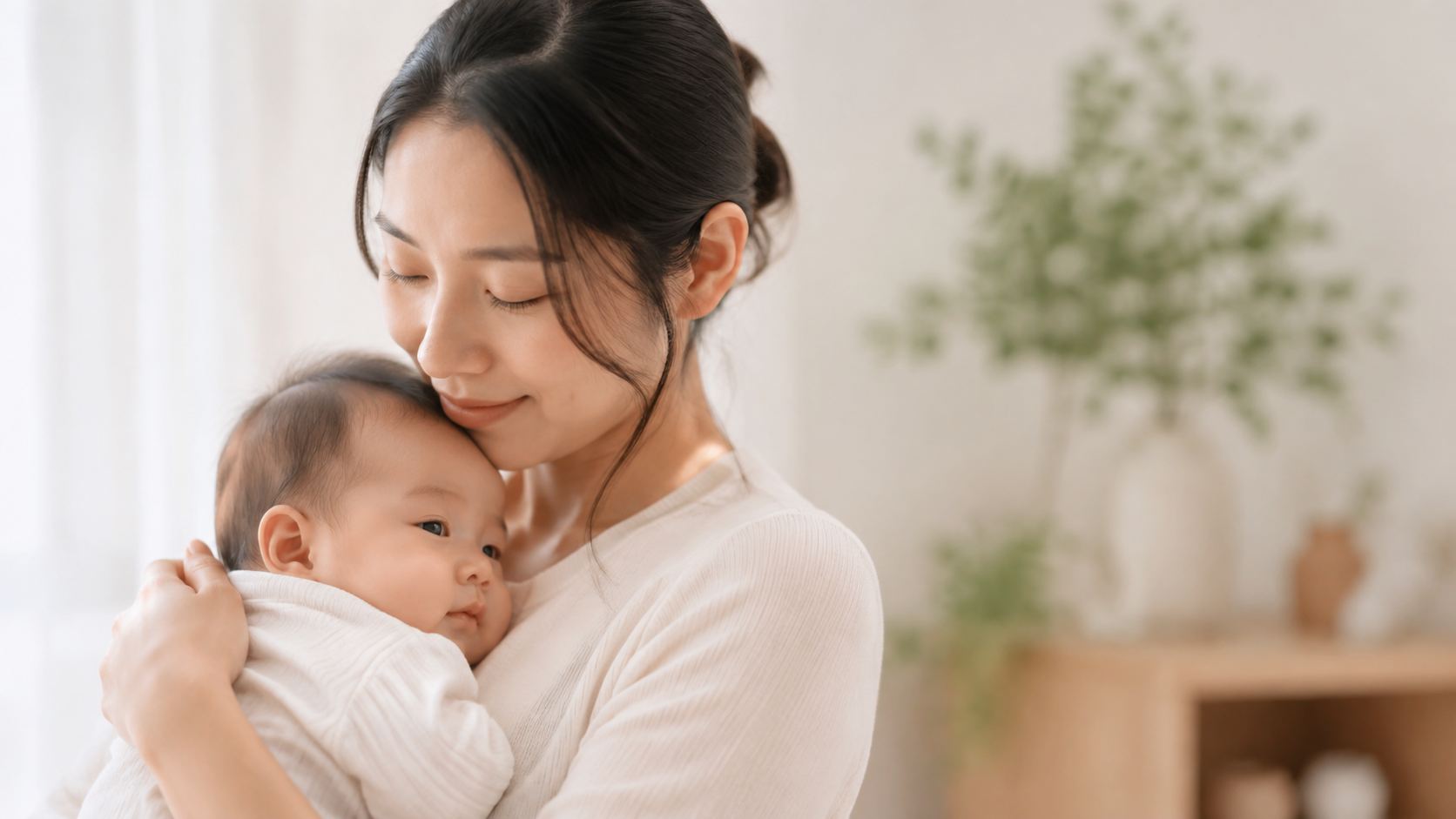 赤ちゃんを優しく抱く母親