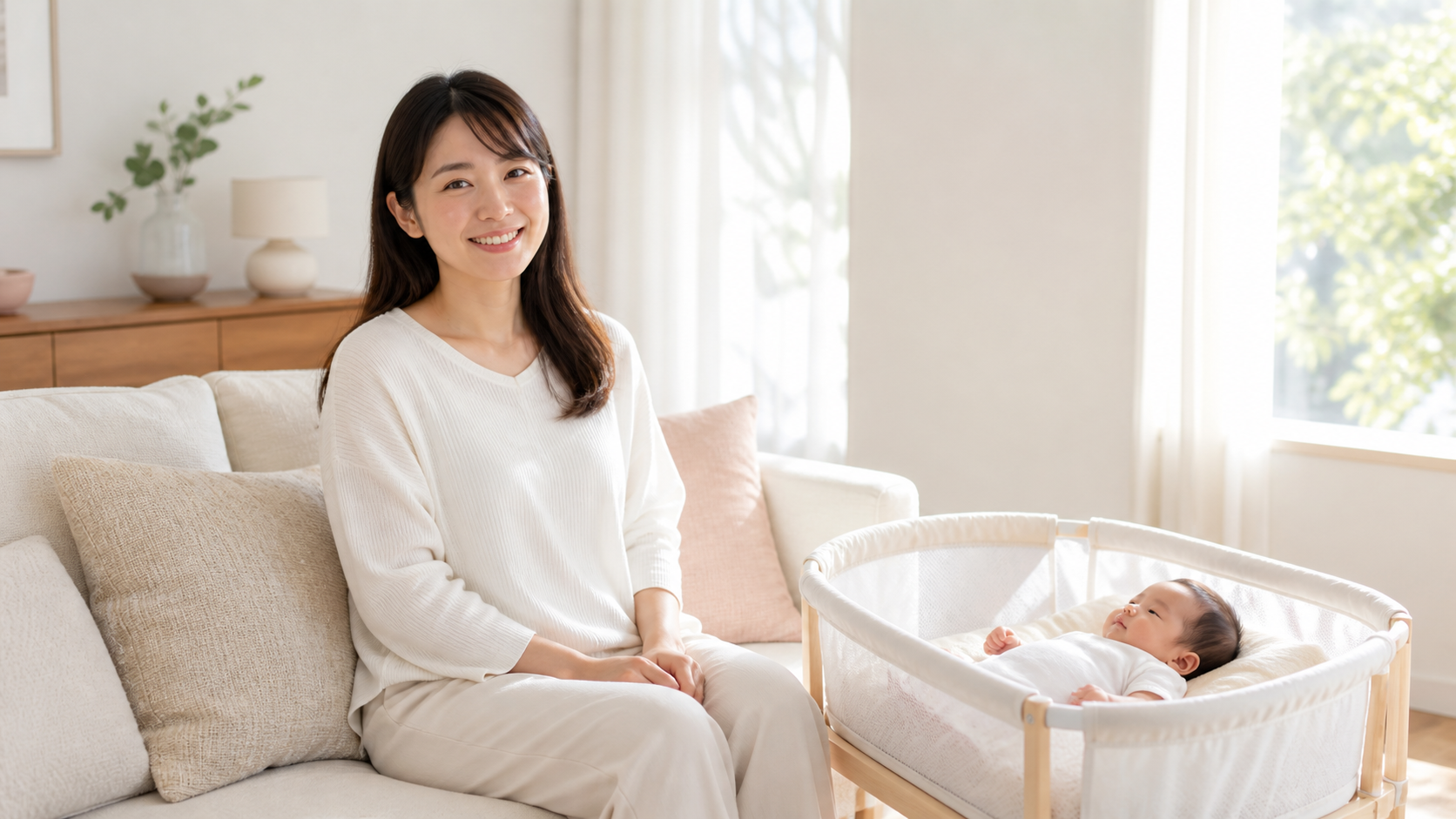 明るい自宅で赤ちゃんと過ごす母親