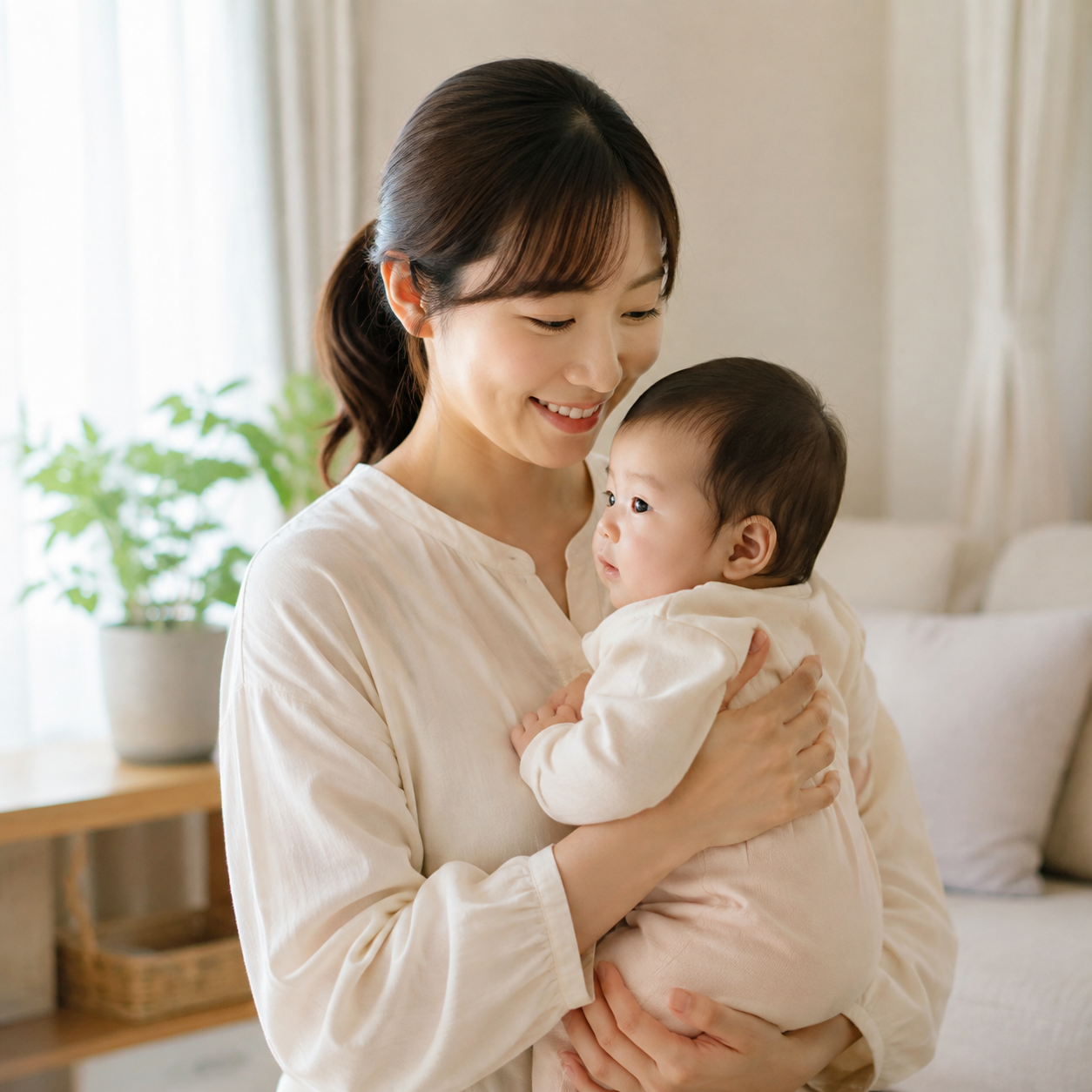 赤ちゃんを抱いて穏やかに微笑む母親
