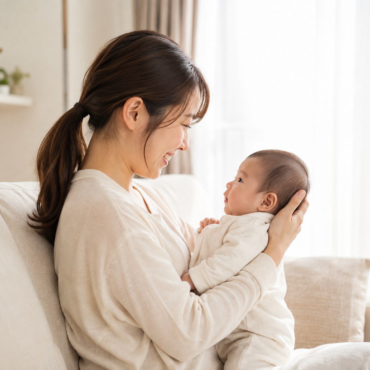 赤ちゃんを見つめながら抱く母親
