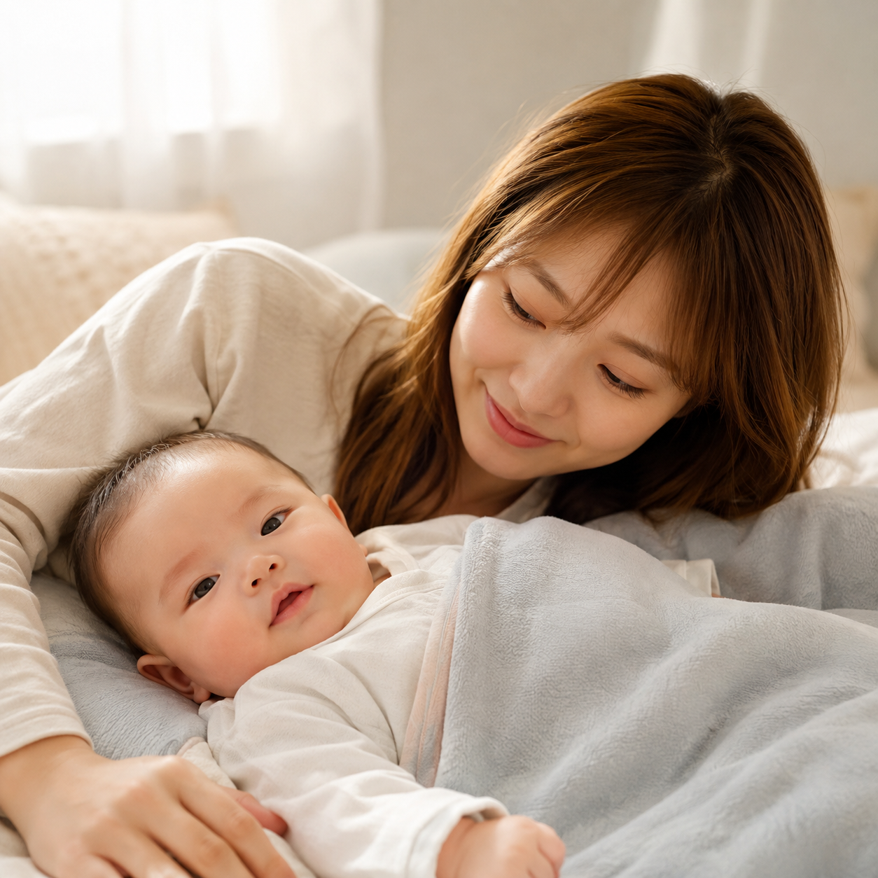 赤ちゃんの隣でゆったり過ごす母親